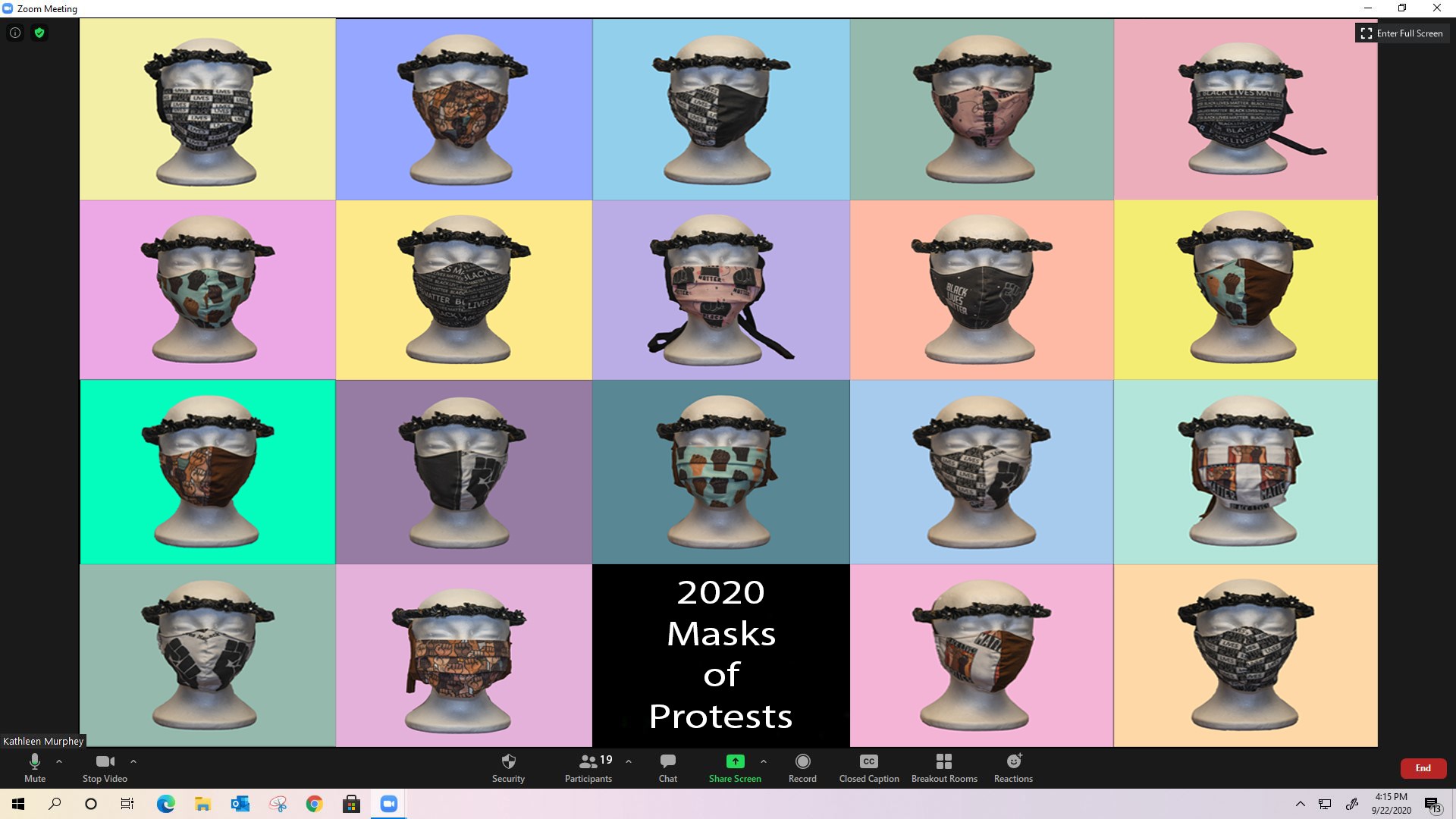 A zoom screen filled with masked guests participating in vibrant colors as their backgrounds
