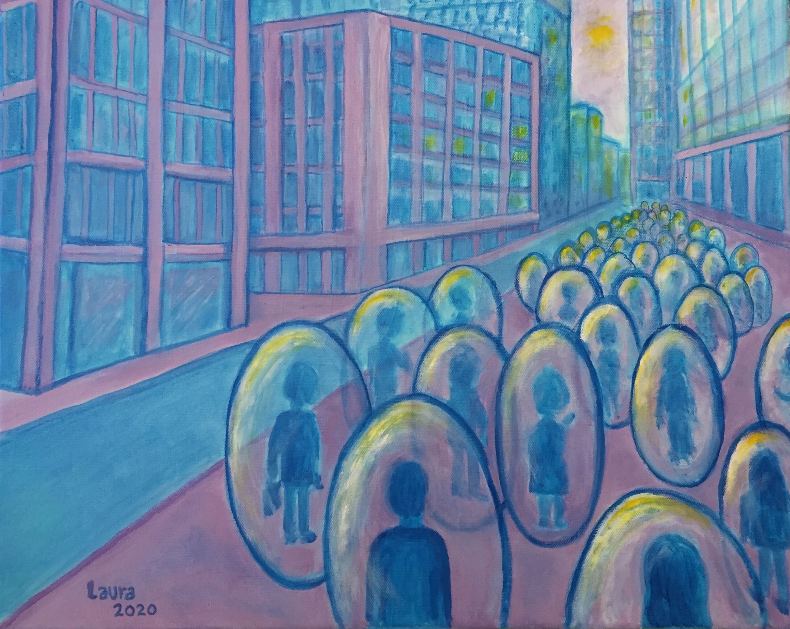 An acrylic painting of vairous shades of blue and pink with tall skyscraper buildings in the background with individuals on a path in clear