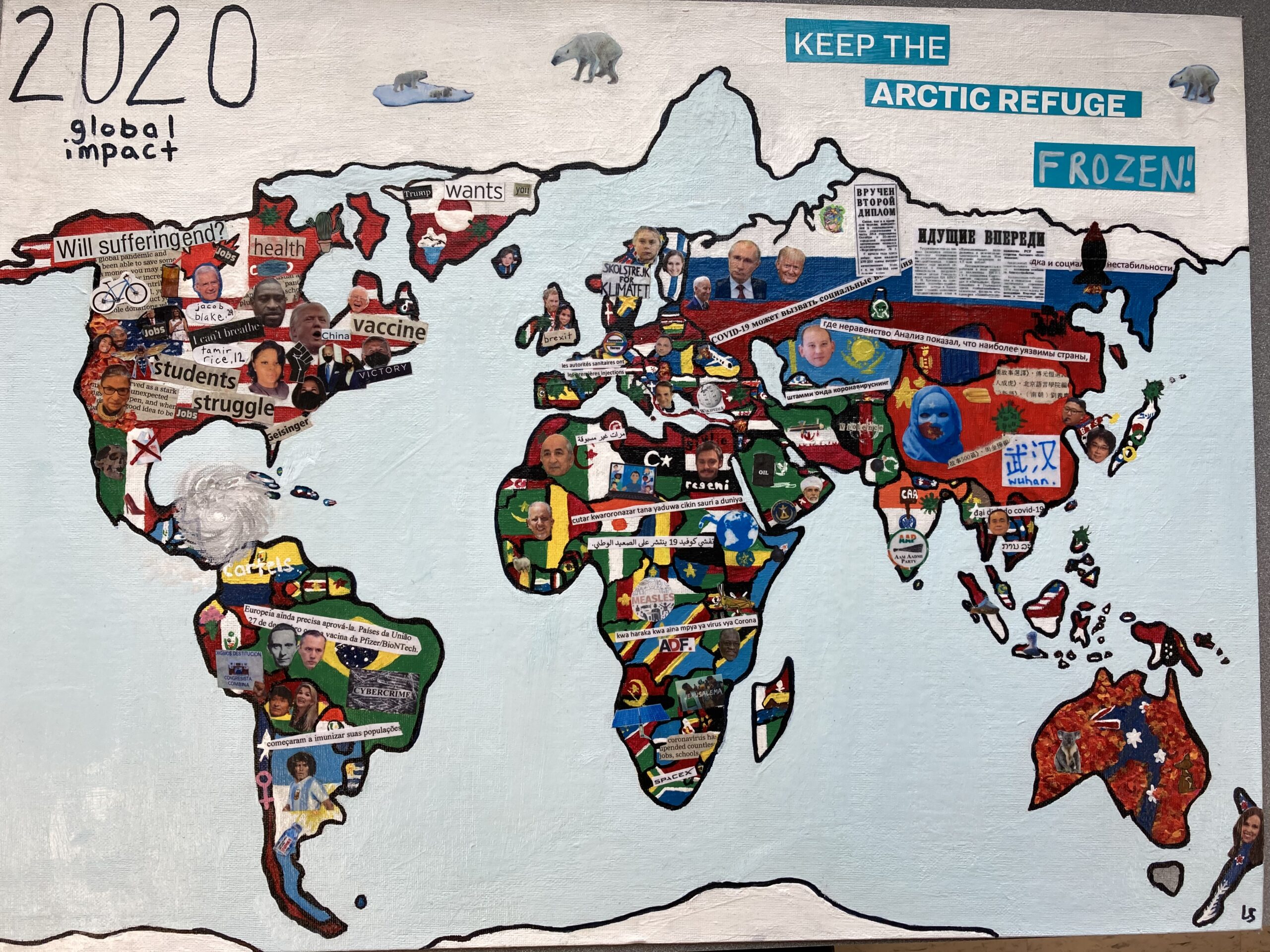 This image is a world map collaged with text and images of politcal figures and events that took place throughout 2020.