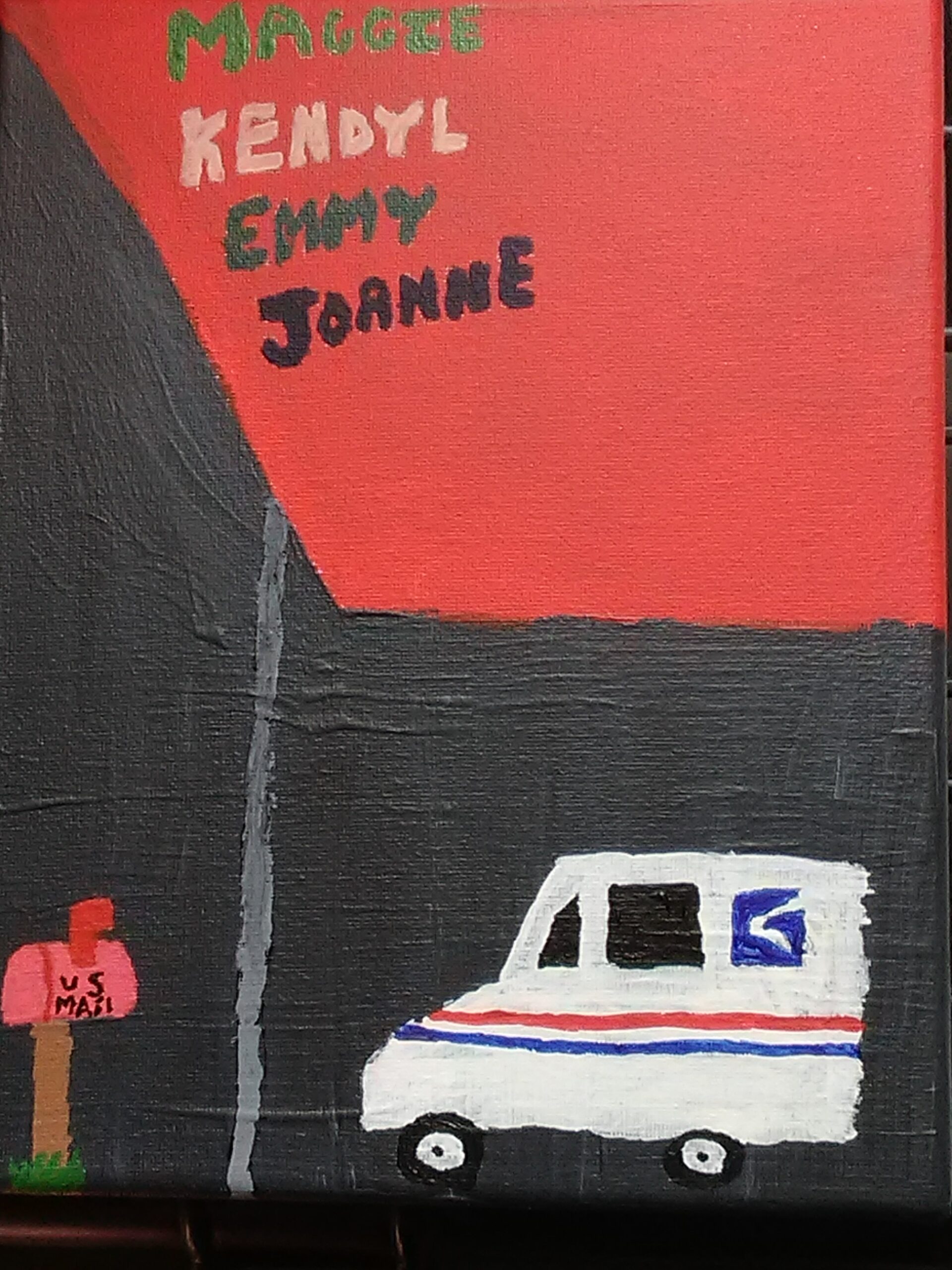 In the bottom right corner is a painted USPS Mail Car driving up to a mailbox. At the top shows a list of names that the artist seems to be missing.