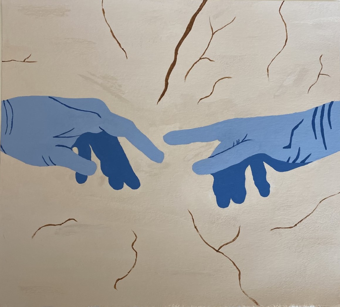 Two blue hands reading towards eachother with brown squiggly lines bursting around them.