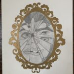 A hand drawn gold mirror that is shattered. In the reflective mirror you can see a face.