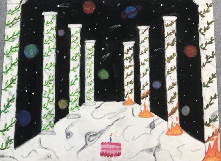 An oil pastel drawing of the solar system in the background. The foreground contains a marble path with ivy covered columns with a birthday cake at the front center.