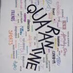 A word cloud consisting of different activities and adjectives describing quarantine. All of the words are in varying fonts and colors.