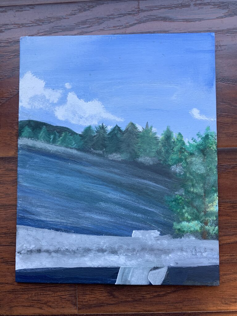 An acrylic painting of water surrounded by trees with a white fence in the foreground
