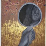 A girls is holding a hand-held mirror painted in greyscale. The background consists of a gold and brown tree.
