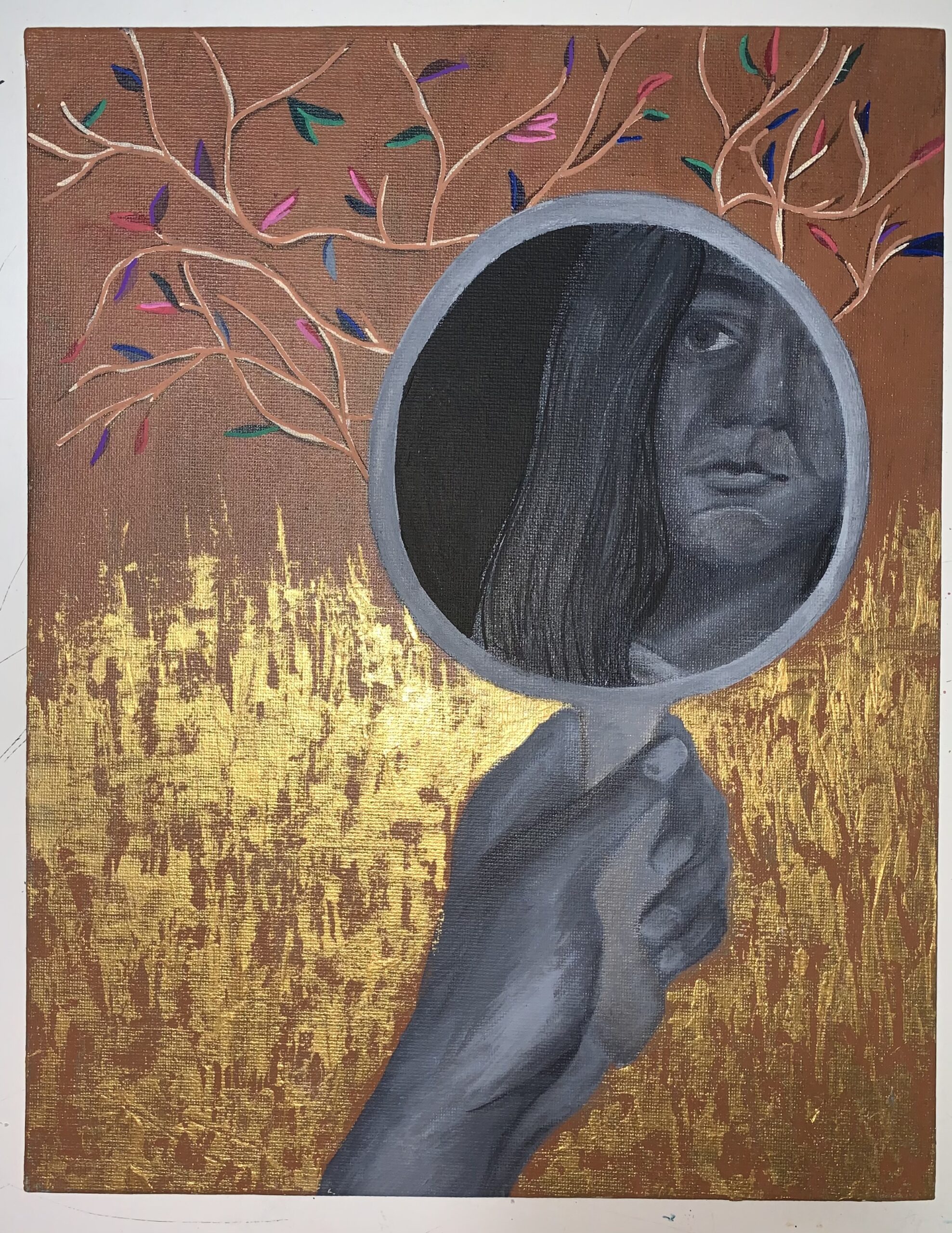 A girls is holding a hand-held mirror painted in greyscale. The background consists of a gold and brown tree.
