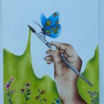 A colorful drawing of a hand holding a paintbrush painting a picture of flowers. A butterfly is sitting on the paintbrush in the drawing.