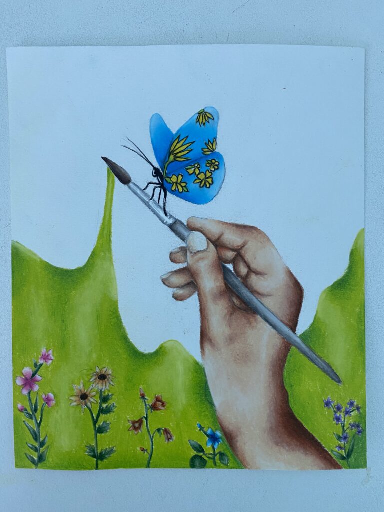 A colorful drawing of a hand holding a paintbrush painting a picture of flowers. A butterfly is sitting on the paintbrush in the drawing.