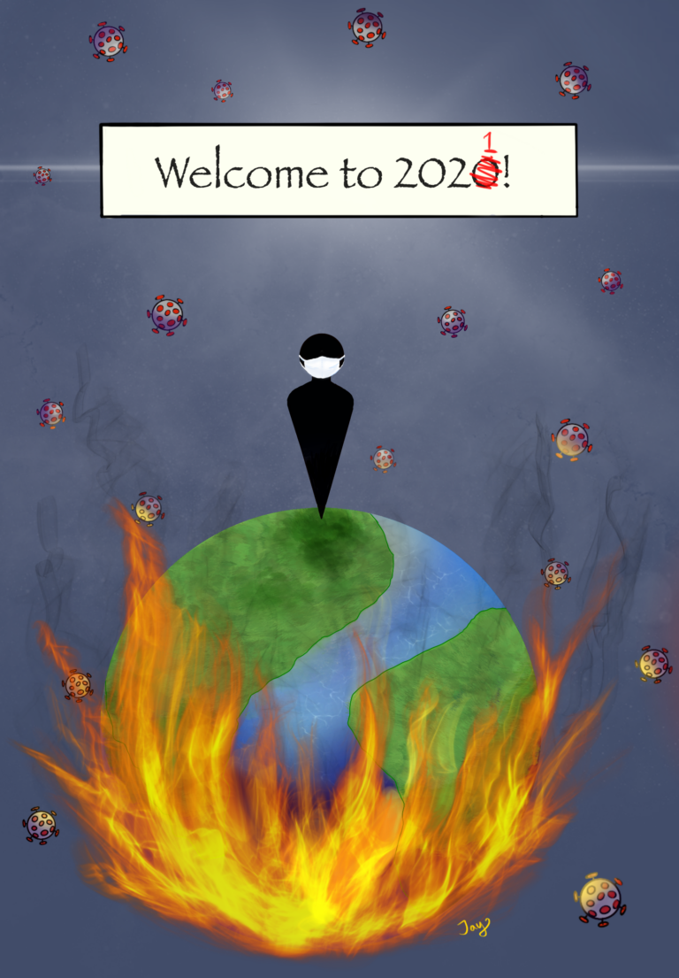 An image of a figure standing atop the globe that is on fire. Surrounding the earth is coronavirus cells with a sign at the top saying "Welcome to 2020-2021"