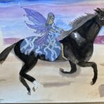 Depicts a fairy riding a black horse into a colorful blue and purple sunset
