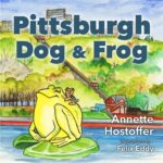 A watercolor image of a small dog sitting on an enormous frog's back in front of the Pittsburgh incline.