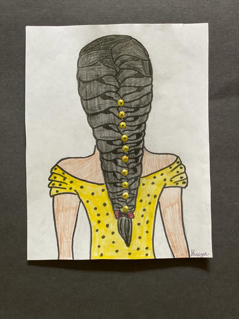 A painting of a girl with braids and only her back is visible with a yellow dress on.