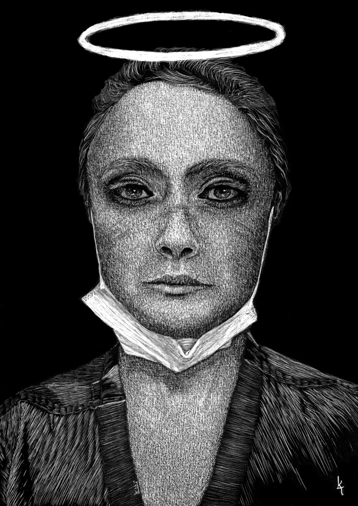 This a black and white scratchboard portrait of a woman with a halo on top of her head and a mask visible on her chin.