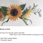 An image of three blossomed sunflowers with a grayish matter background and writing describing the sunflowers for their beauty and strength.