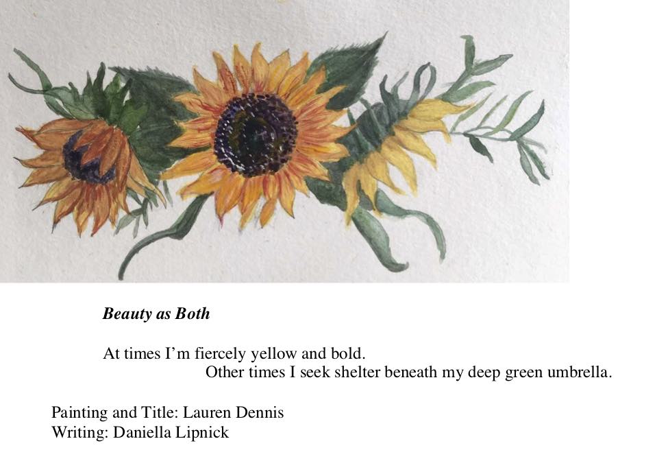 An image of three blossomed sunflowers with a grayish matter background and writing describing the sunflowers for their beauty and strength.