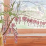 Digital painting featuring a pink flower in front of a window