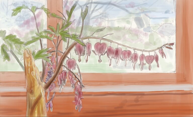 Digital painting featuring a pink flower in front of a window