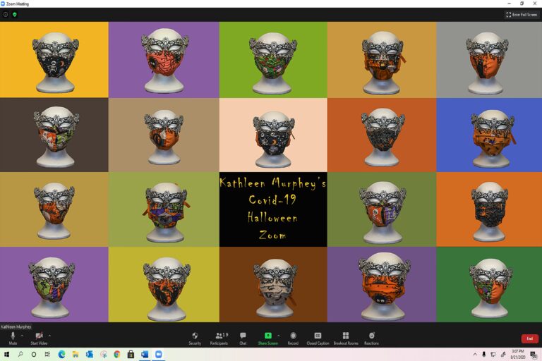 A colorful zoom screen filled image full of halloween masked figures as guests