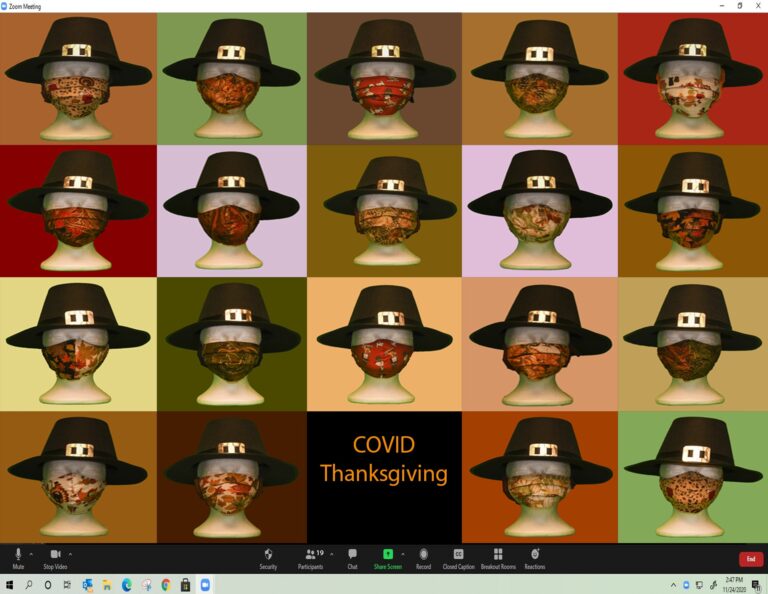 A zoom screen filled with participants in thanksgiving gear with hats on