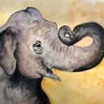 A watercolor painting of an elephant with a yellow background. The elephant is holding up his trunk and his large ears are visible.
