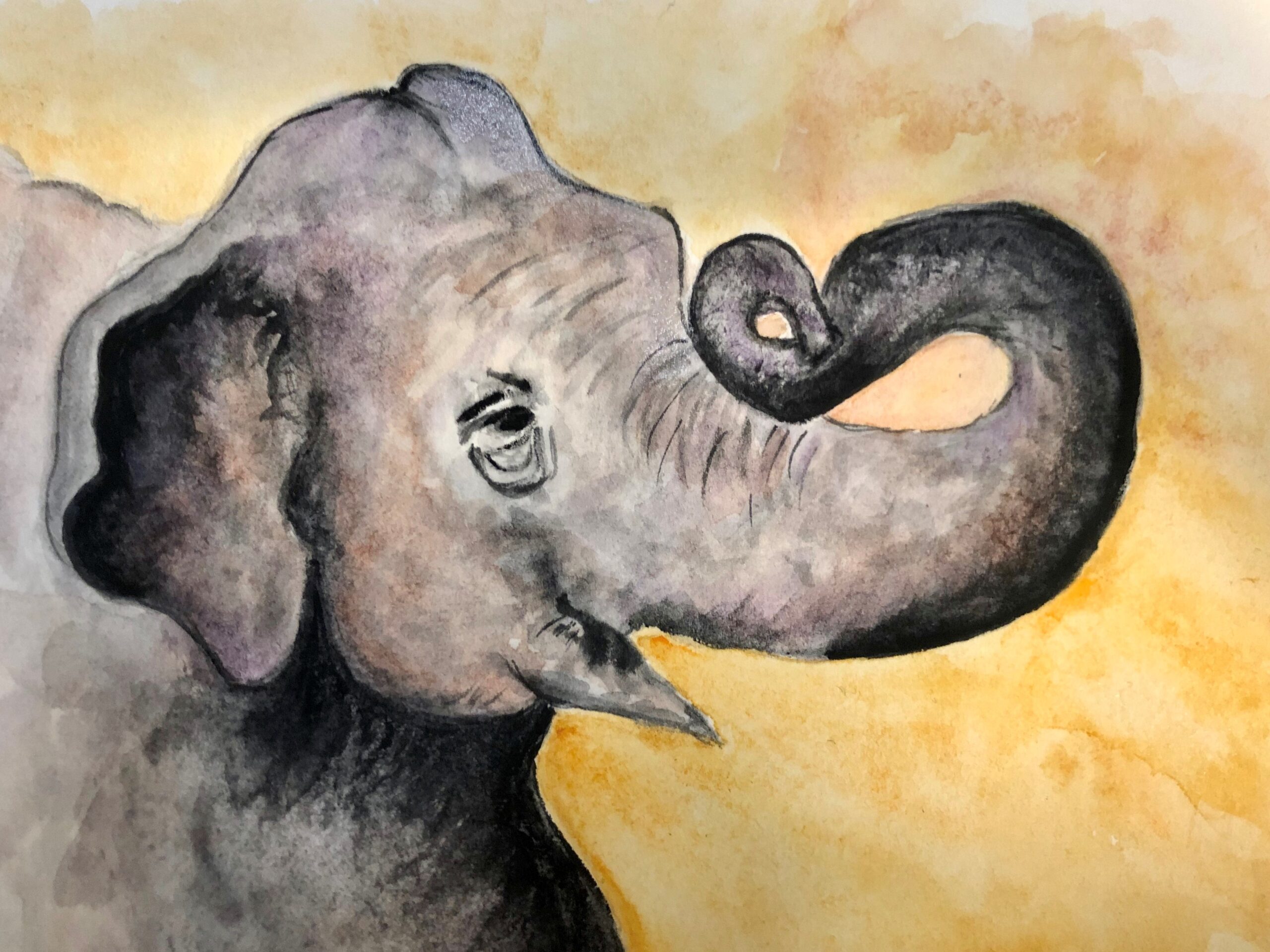 A watercolor painting of an elephant with a yellow background. The elephant is holding up his trunk and his large ears are visible.