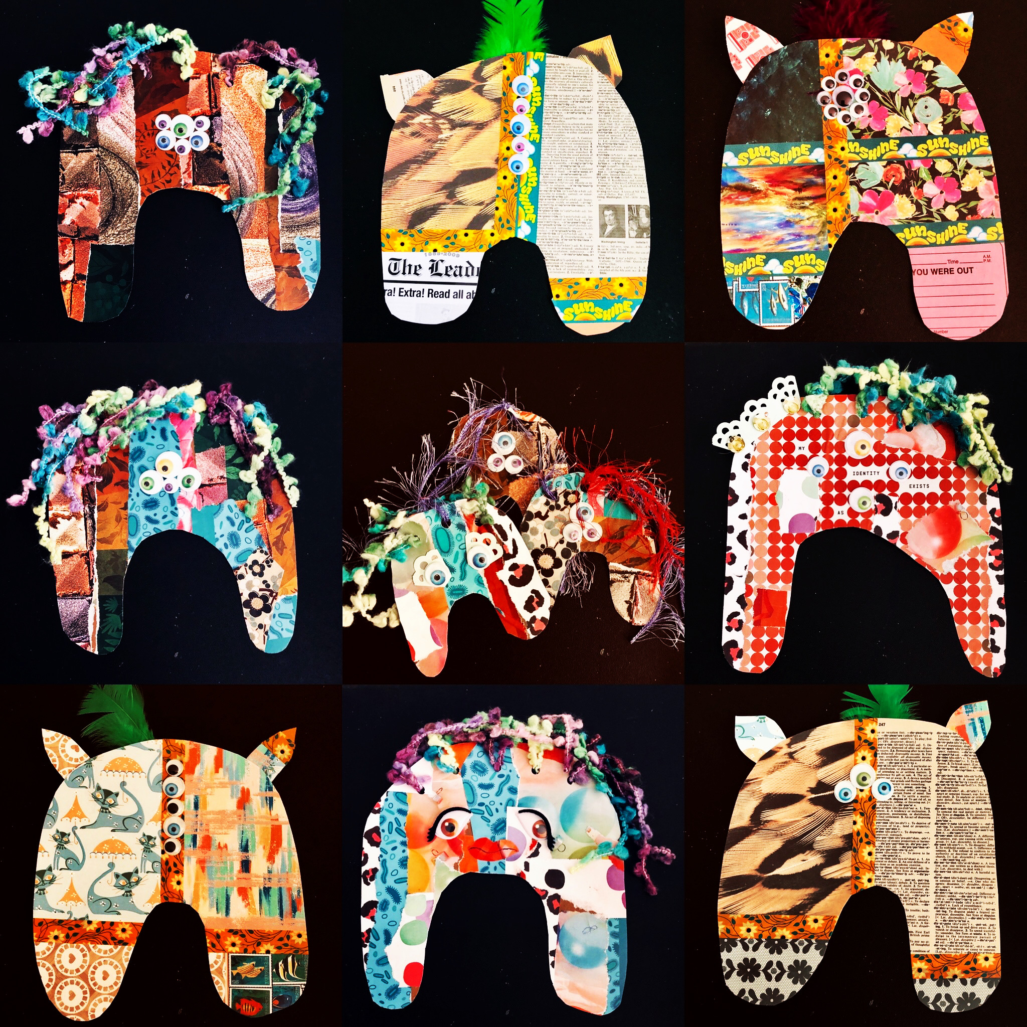 Nine monster-like colored and fabric creatures in a row of three with a black background
