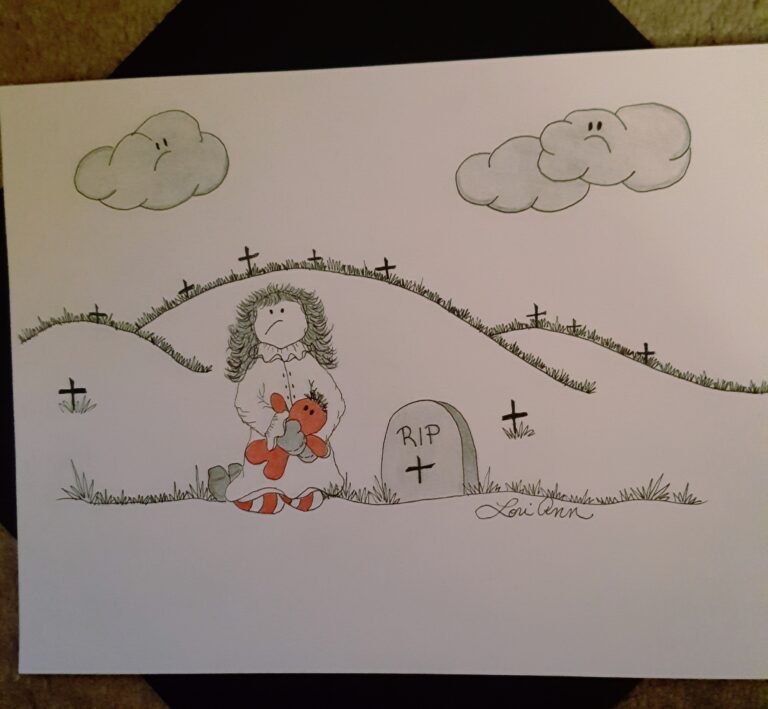 A drawing depicting a person standing next to a gravestone with hilltops and grey clouds in the background