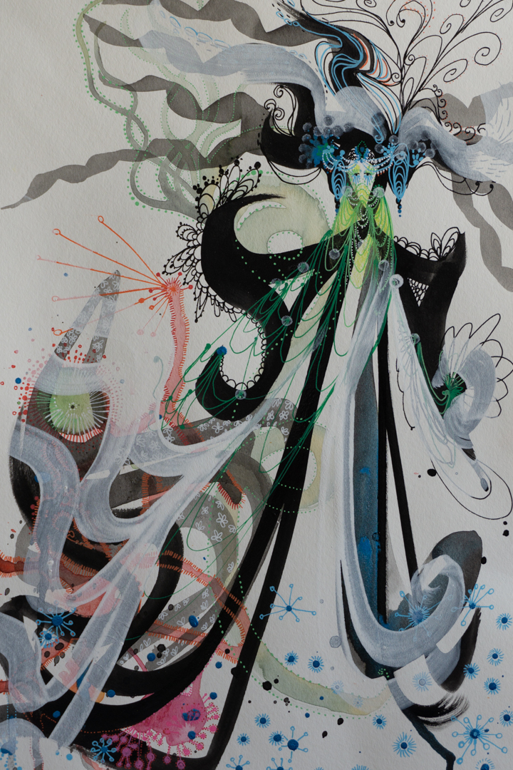 A colorful figure in a veil-like mask with the formation of swirling shapes is seen throughout the abstract mixed media on paper.