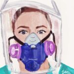 A digital painting of an ER nurse wearing personal protectie equipment that includes mask and a shield.