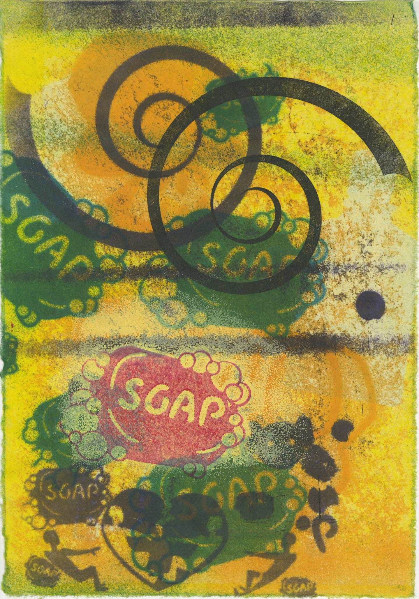 A relief monoprint of multiple digial prints into one with vibrant colors consisting of green and yellow throughout the piece. The prints include spirals on top of the page