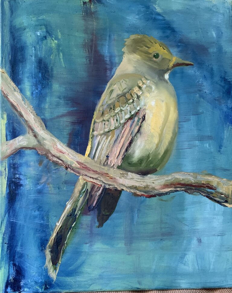 An oil painting piece of a great crested flycatcher
