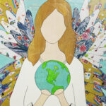 A light-haired woman with wings holding the earth in her hands