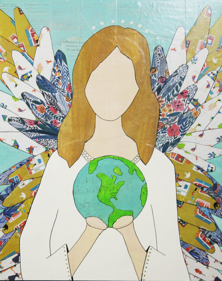 A light-haired woman with wings holding the earth in her hands