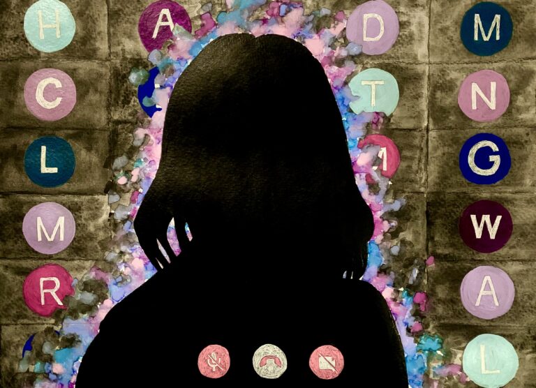 painting of a shadowed figure pearing over a keyboard with video call icons at the bottom of the painting