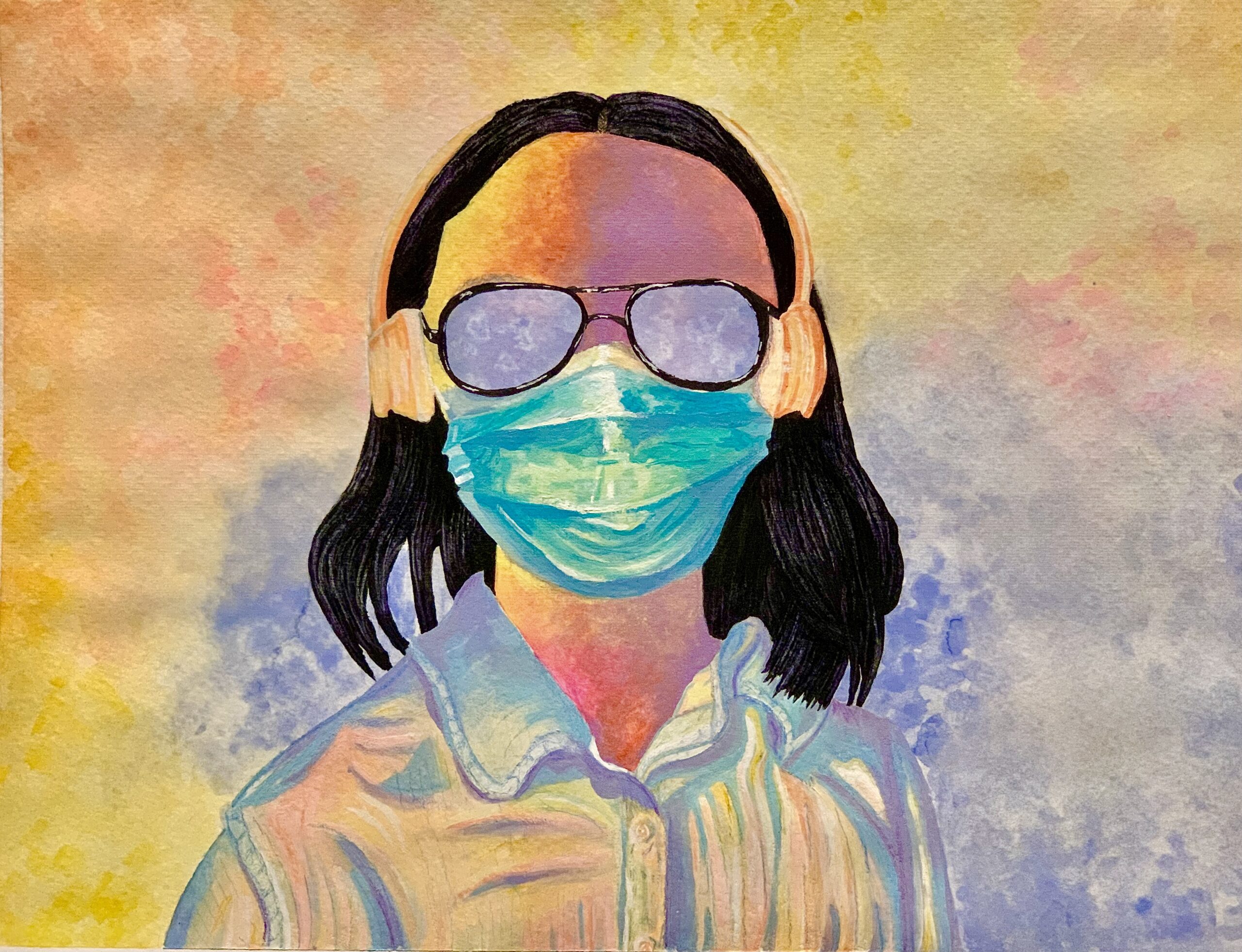 Painting showing someone wearing a white collared shirt with aviator like sunglasses and a mask