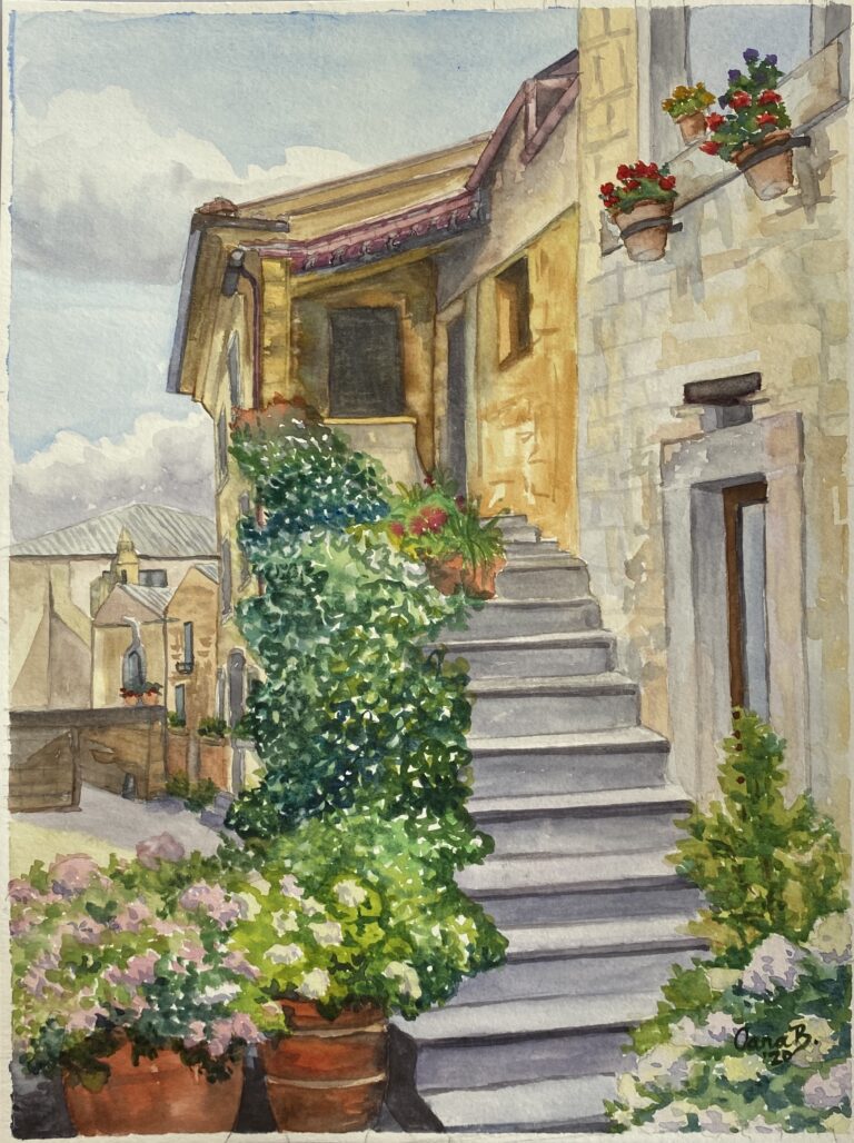 A watercolor painting of an outside view of a house leading up several concrete stairs with plants and flowers on the left side of the stairs. The house is light-yellow with hints of brown. The background consists of a cloudy and light blue sky.