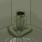 An image of a figure sitting in a blank closed-wall room with the word "Lonely" written out in print below the figure sitting