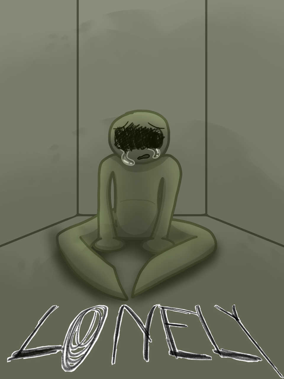 An image of a figure sitting in a blank closed-wall room with the word "Lonely" written out in print below the figure sitting
