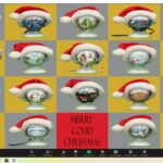 A zoom screen filled with masked guests participating with santa hats on