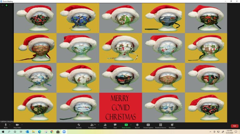 A zoom screen filled with masked guests participating with santa hats on