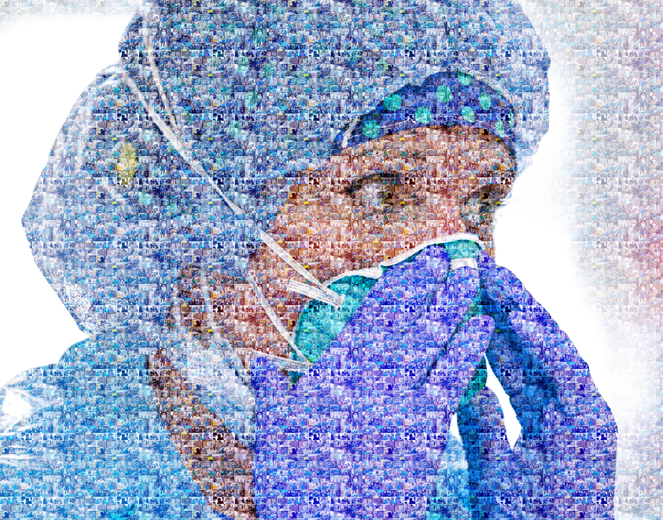 A mosaic of 81 photographs of nurses across the Penn State Health system put together in an image of a health care worker adjusting their surgical mask.