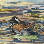 A painting of a duck floating in water
