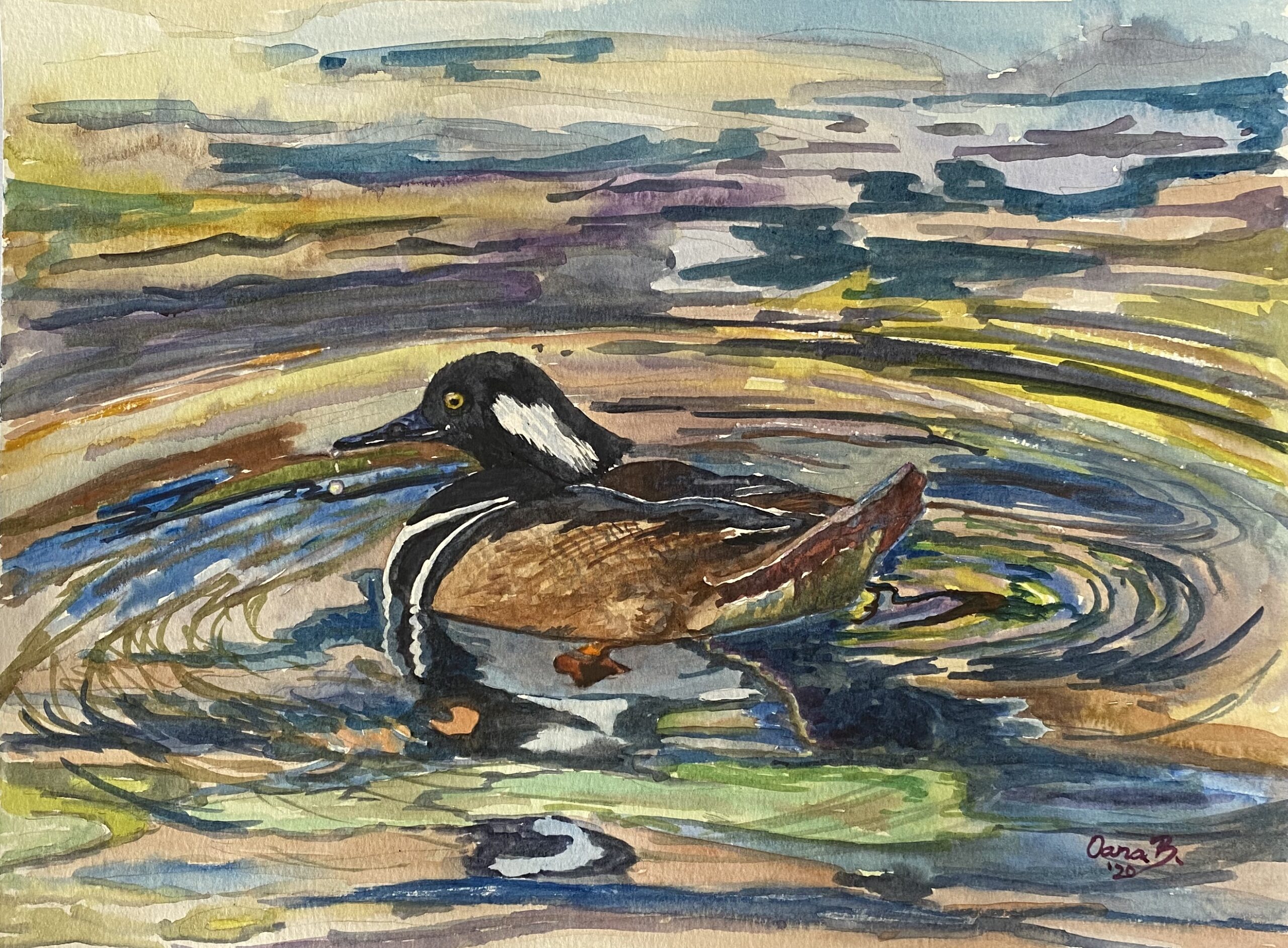 A painting of a duck floating in water
