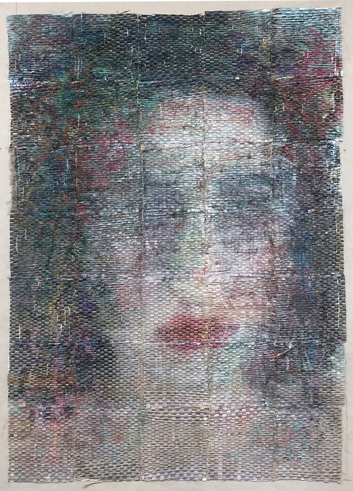 This is a painting consisting of woven printed paper and jute