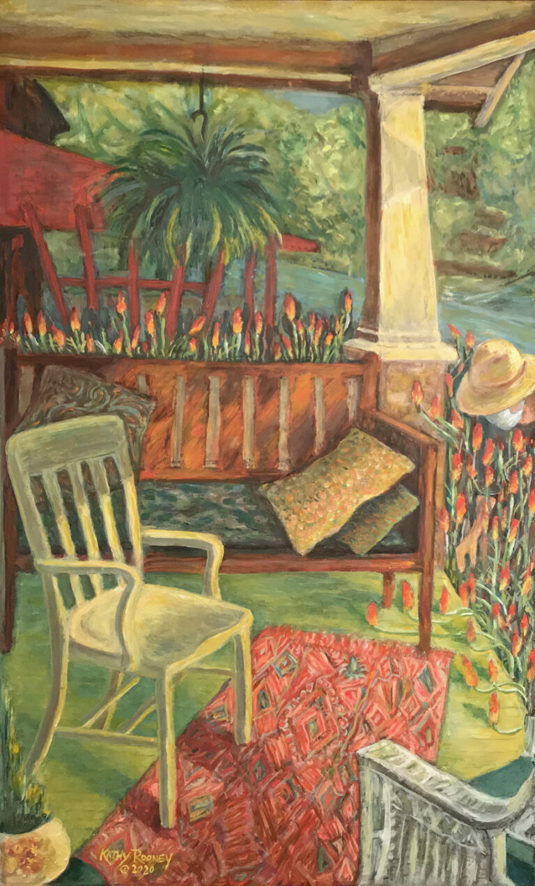 This is a oil on board of a greenary and scenaric porch with a wooden chair