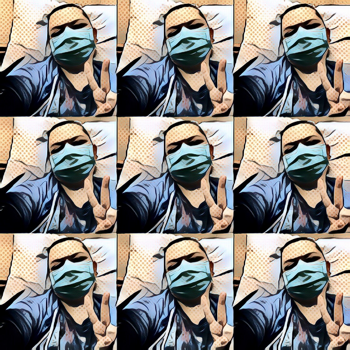 Digital art of a complication of selfie photographs with an individual in a mask holding up a peace sign while laying on a pillow.