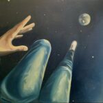 An oil painting of an individual floating in space while reaching out to the moon with their left hand. Stars are visible and the invididual's feet are visible with blue pants and white shoes on.