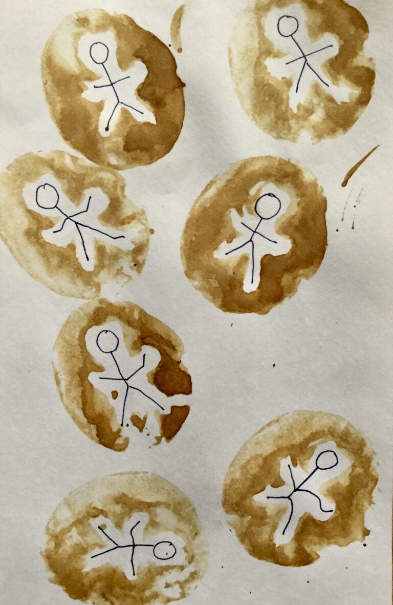 A compilation of potato prints of stick figures inthe potato prints within a white blank background.