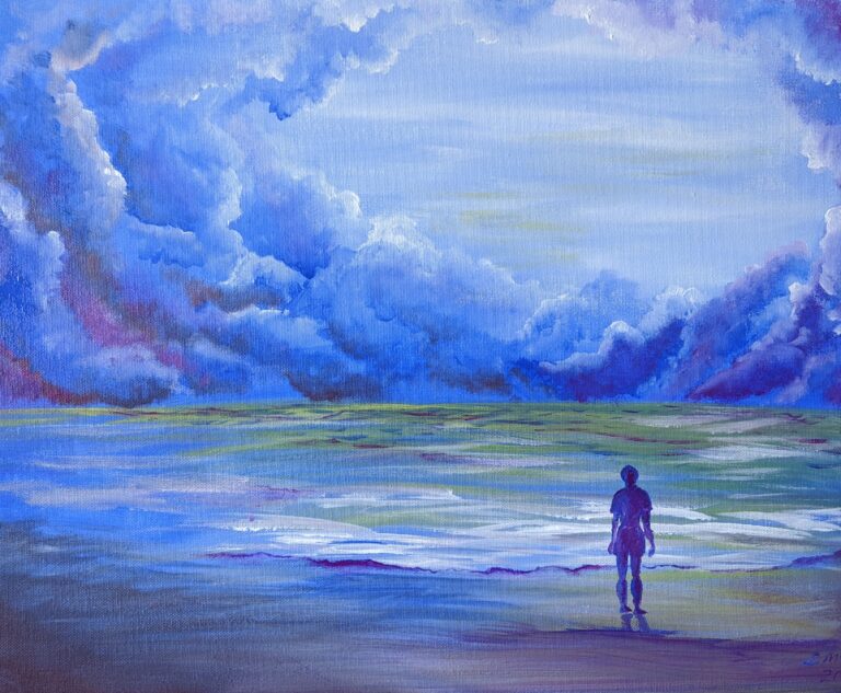A acrylic on canvas of a cloudy and dark sky with an individual standing and observing the sky as there is a body of water nearby.